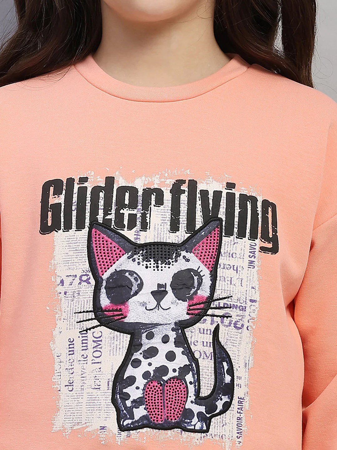 Girls Peach Printed Round Neck Full Sleeve Sweatshirt - Image 6