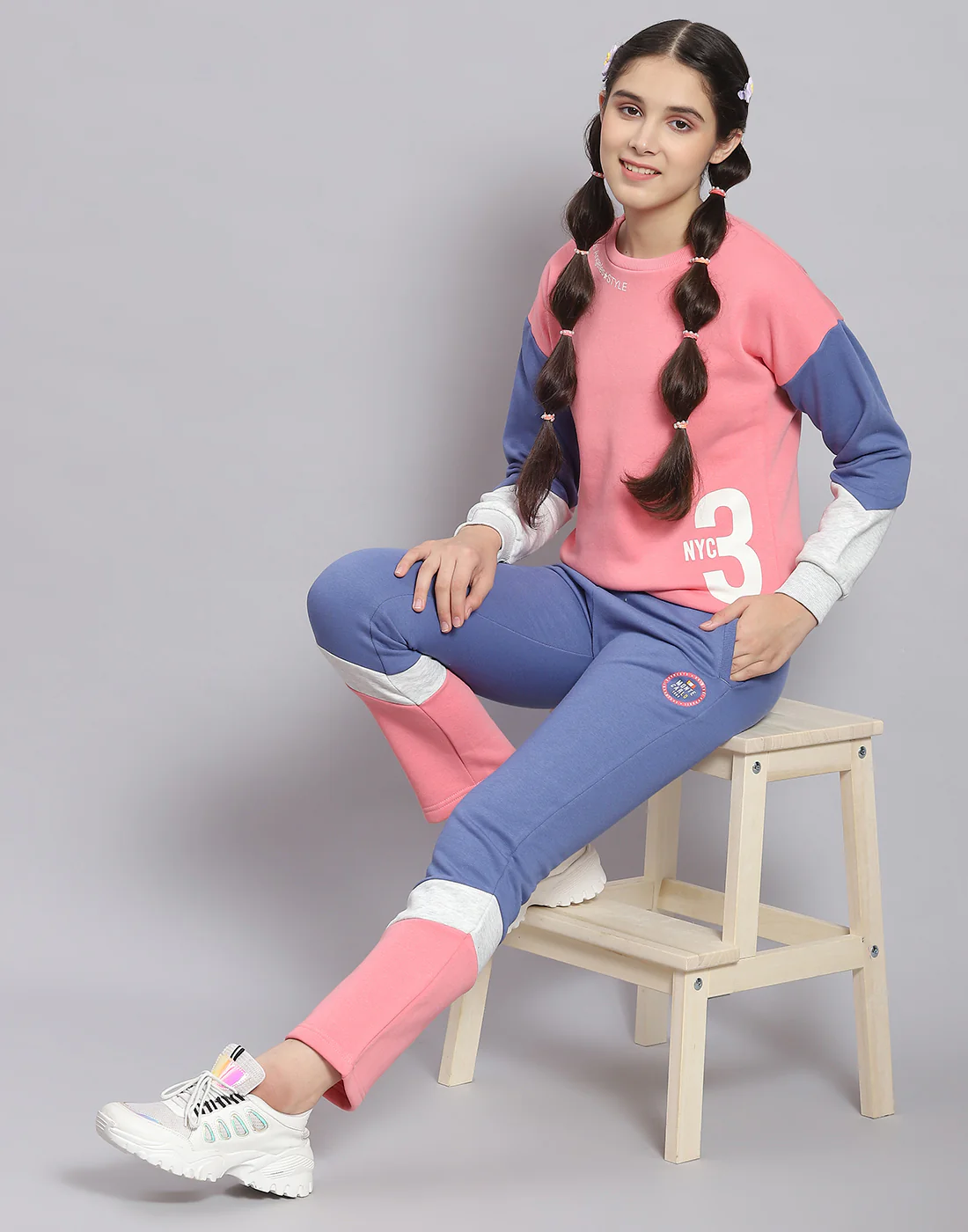 Girls Peach Printed Round Neck Full Sleeve Tracksuit - Image 2