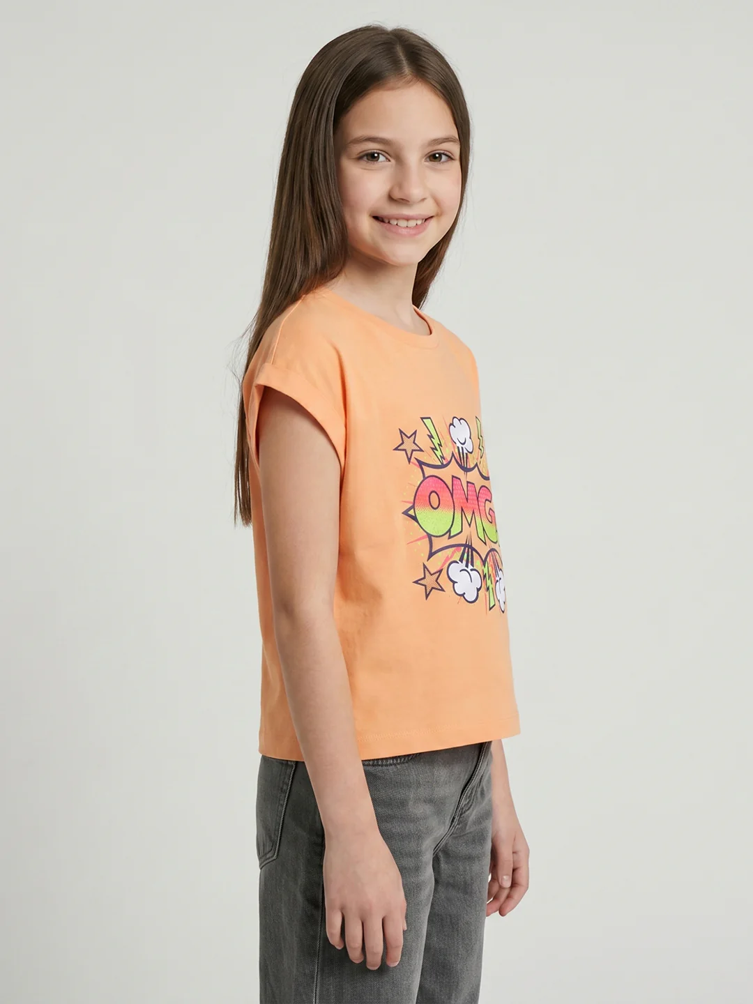 Girls Peach Printed Round Neck Half Sleeve Top - Image 2