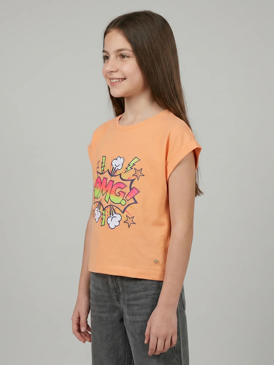 Girls Peach Printed Round Neck Half Sleeve Top - Image 3