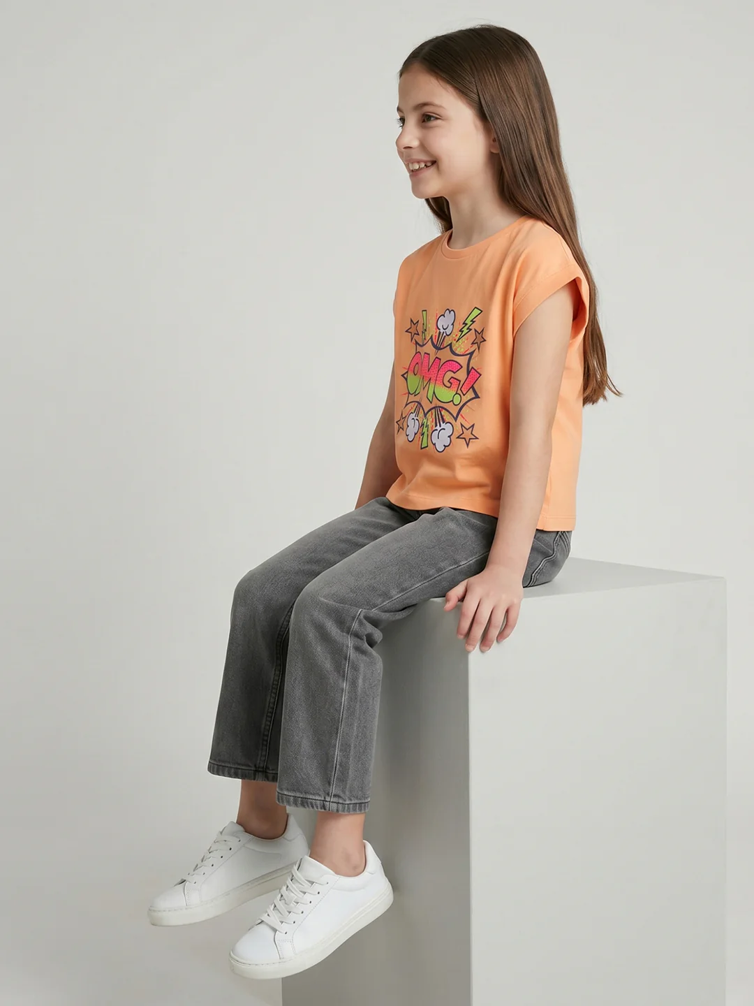 Girls Peach Printed Round Neck Half Sleeve Top - Image 5