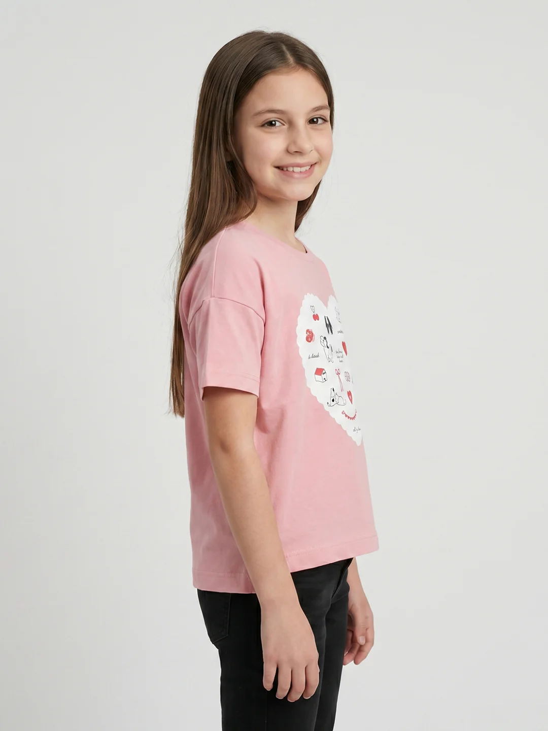Girls Peach Printed Round Neck Half Sleeve Top - Image 2