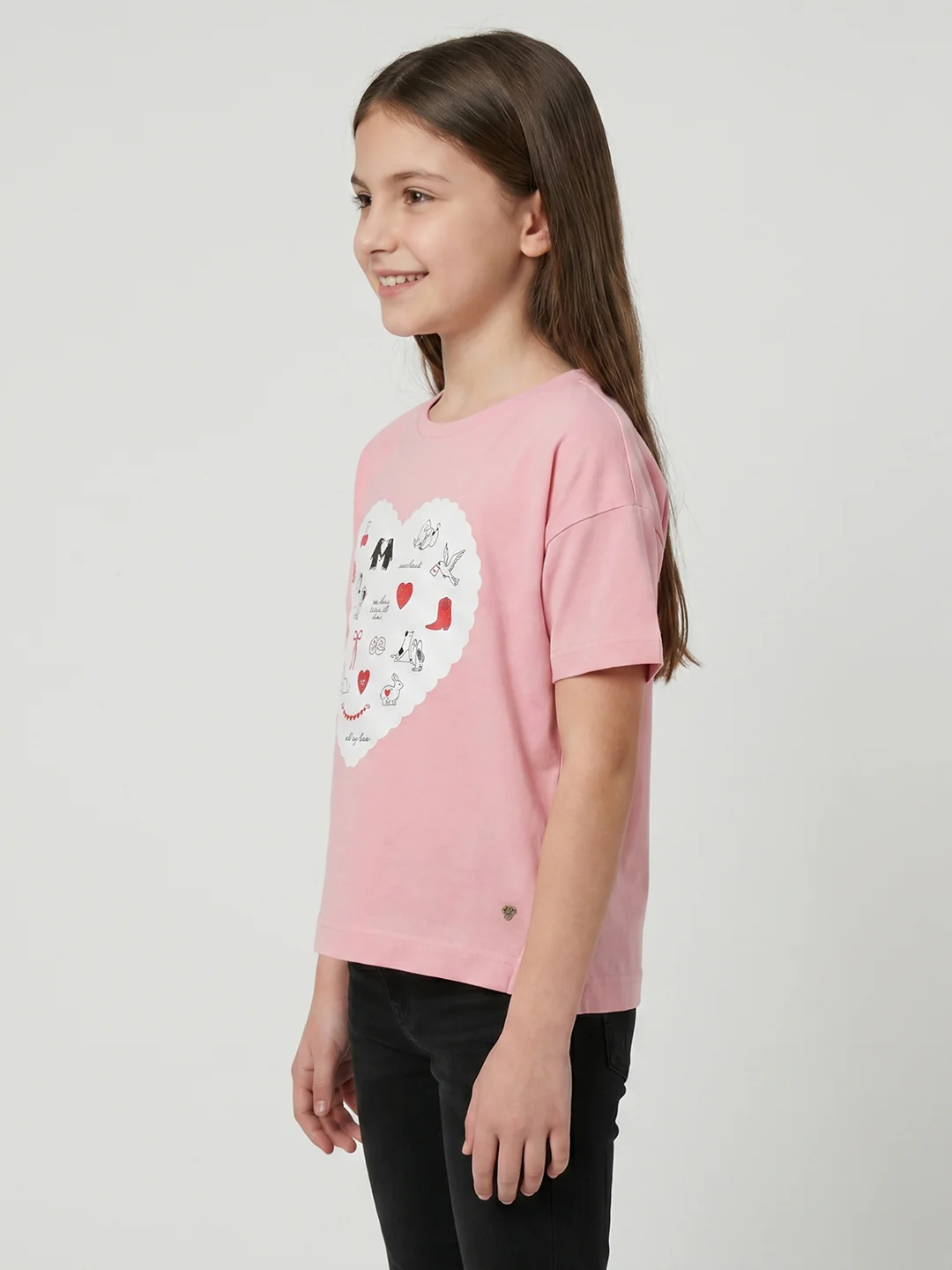 Girls Peach Printed Round Neck Half Sleeve Top - Image 3
