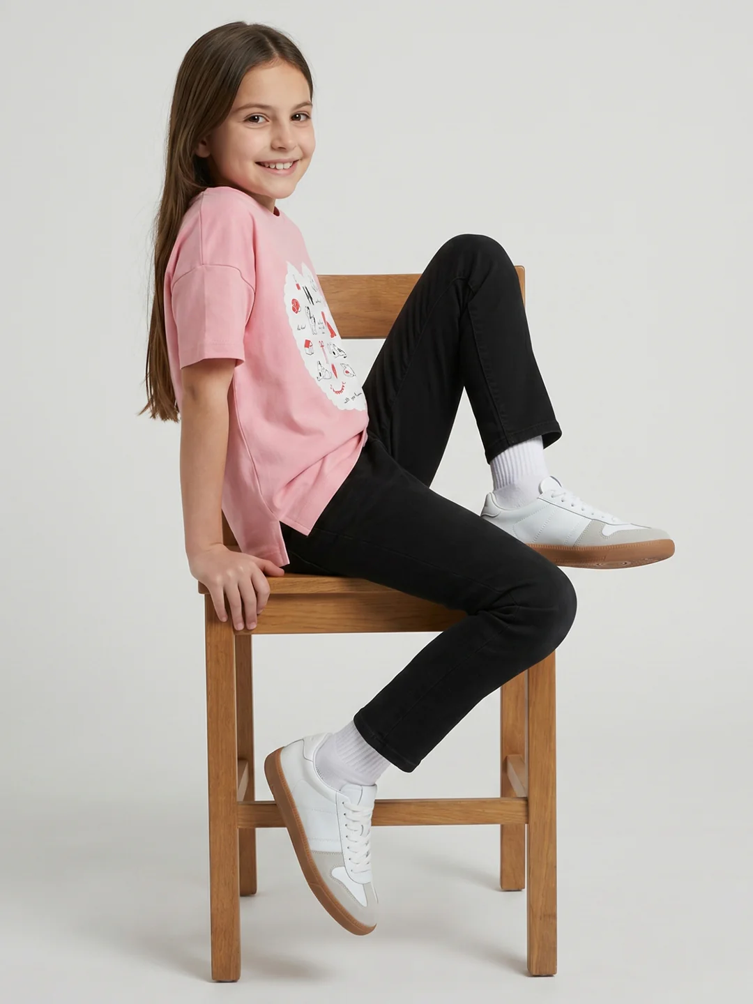 Girls Peach Printed Round Neck Half Sleeve Top - Image 5