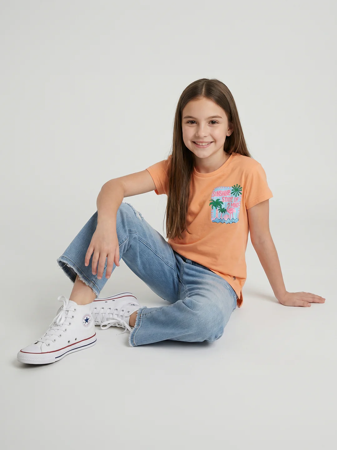 Girls Peach Printed Round Neck Half Sleeve Top - Image 5