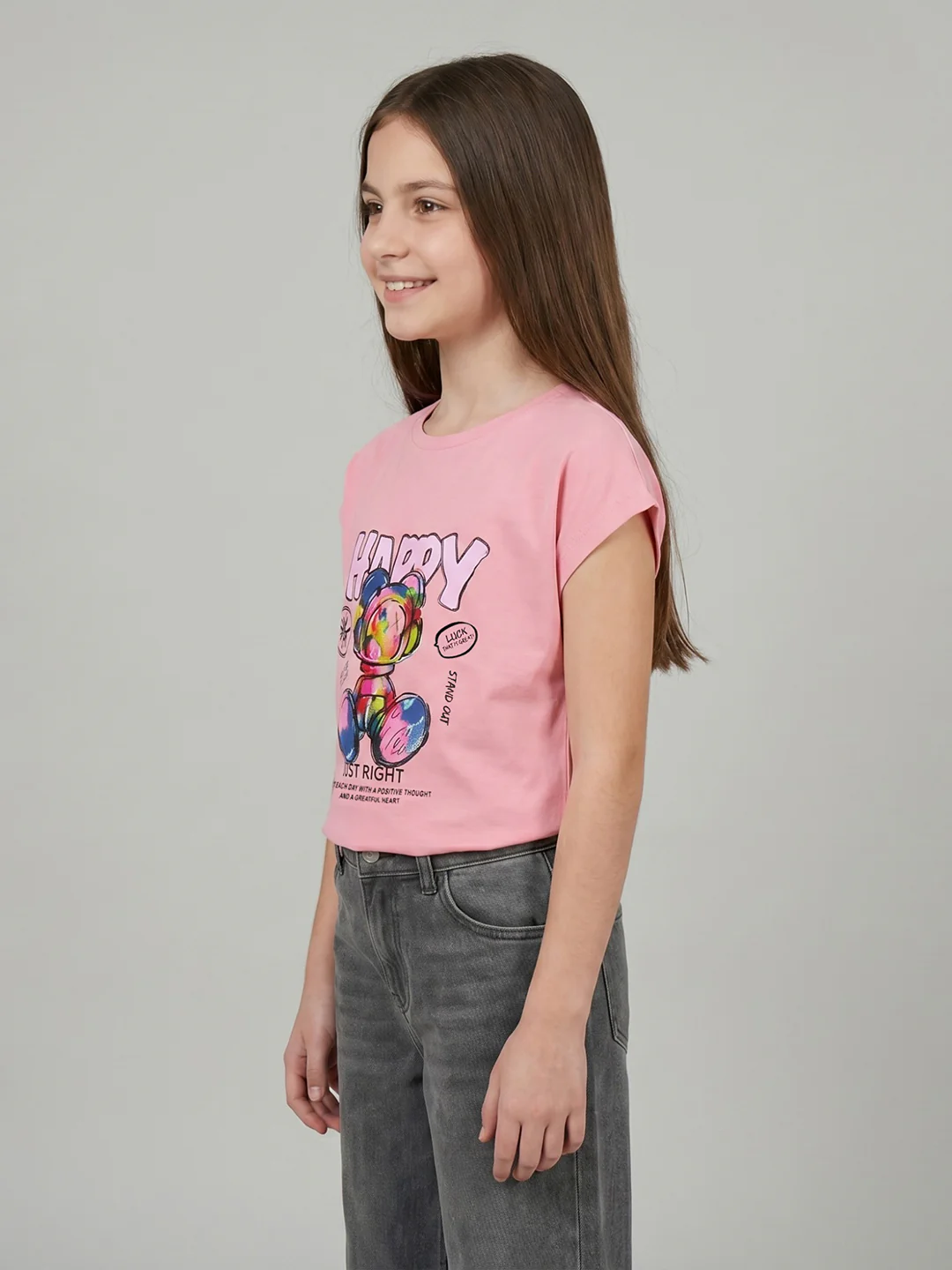 Girls Peach Printed Round Neck Half Sleeve Top - Image 2