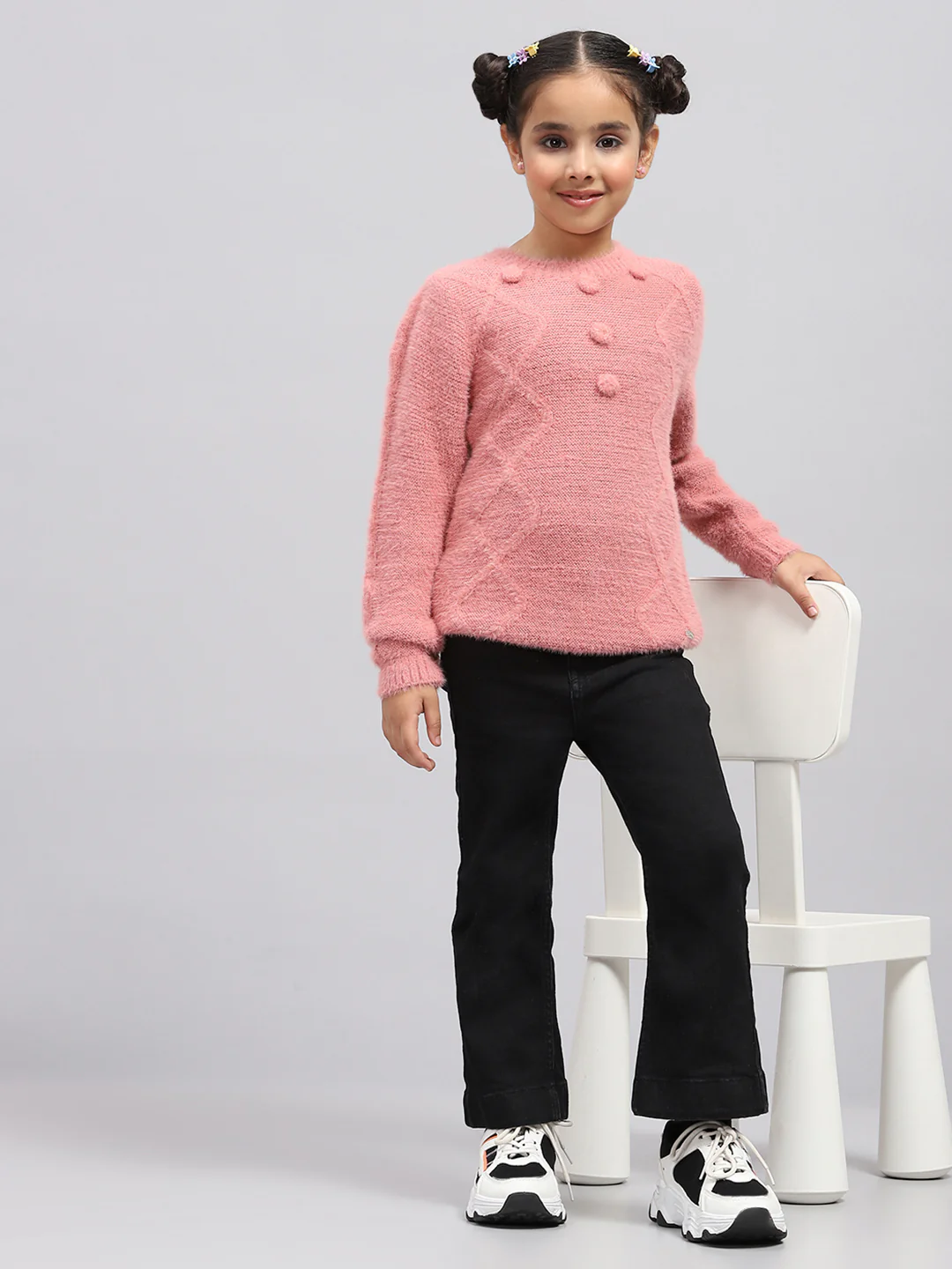 Girls Peach Self Design Round Neck Full Sleeve Winter Top - Image 2