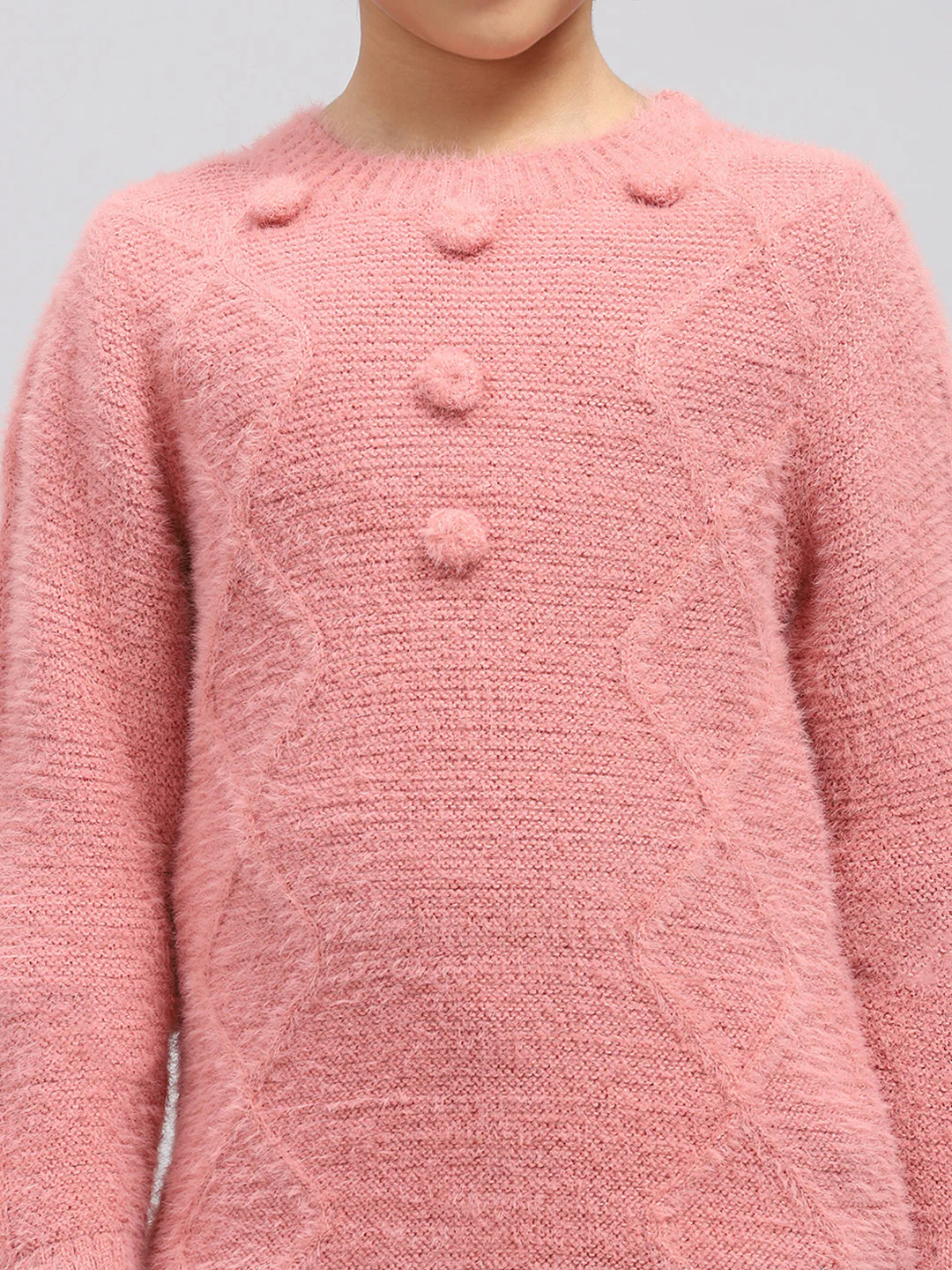 Girls Peach Self Design Round Neck Full Sleeve Winter Top - Image 6
