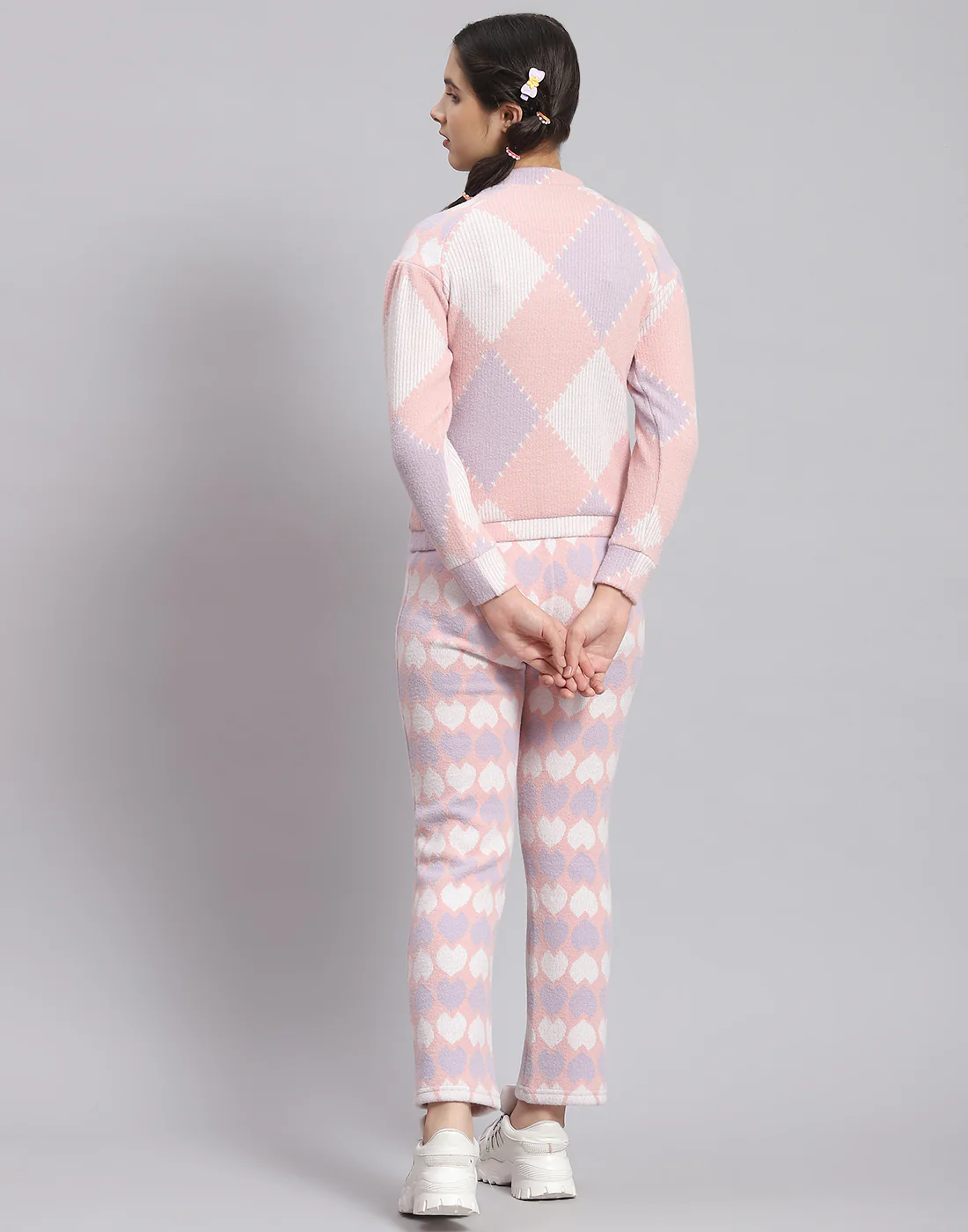 Girls Peach Self Design T Neck Full Sleeve Cords Set - Image 5