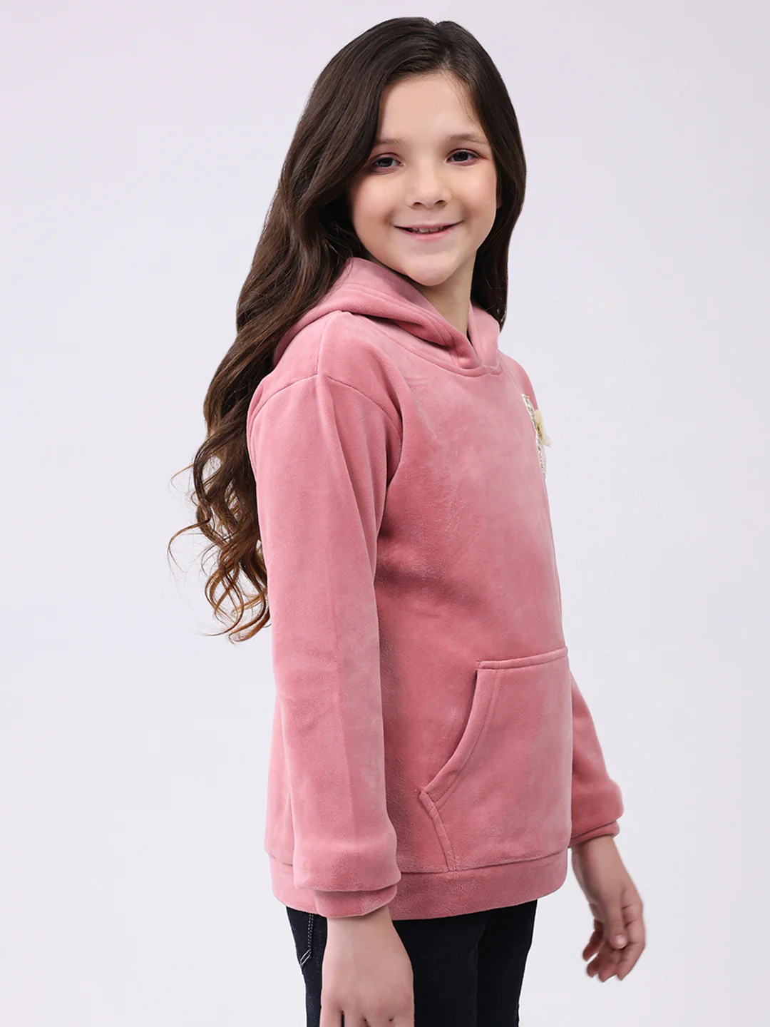 Girls Peach Solid Hooded Full Sleeve Sweatshirt - Image 4