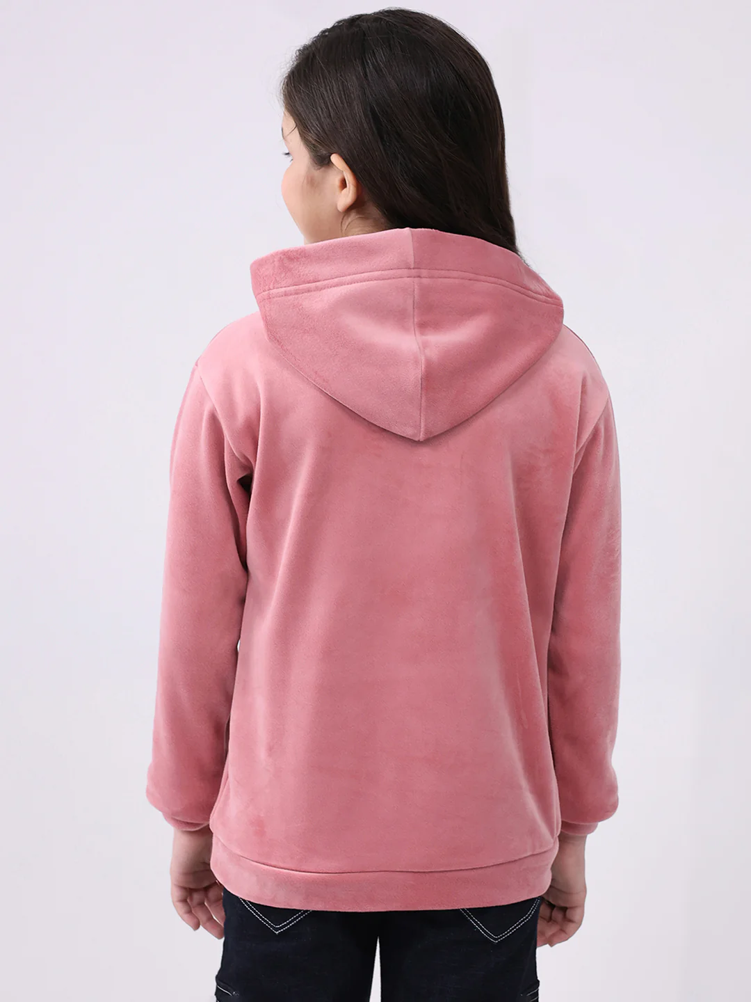 Girls Peach Solid Hooded Full Sleeve Sweatshirt - Image 5