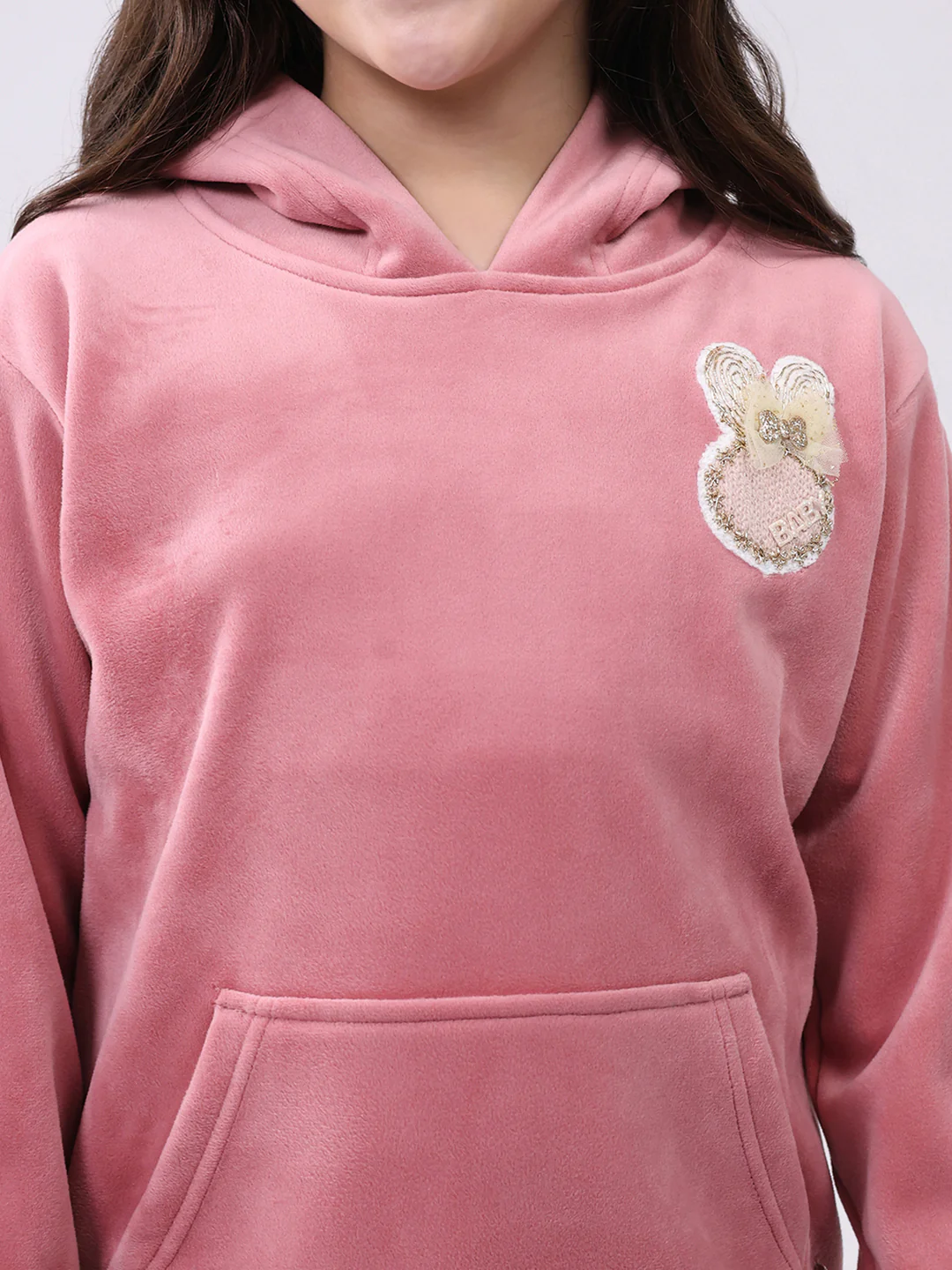 Girls Peach Solid Hooded Full Sleeve Sweatshirt - Image 6