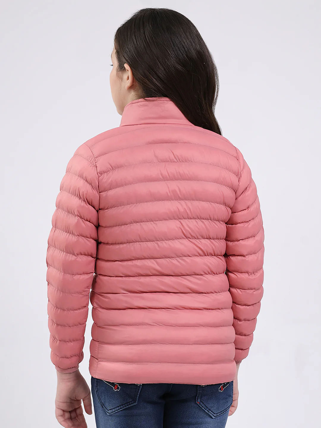 Girls Peach Solid Mock Neck Full Sleeve Jacket - Image 5