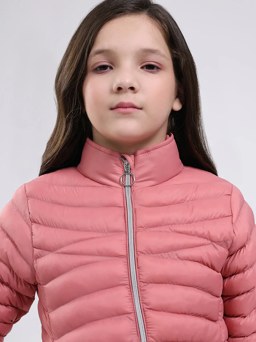 Girls Peach Solid Mock Neck Full Sleeve Jacket - Image 6
