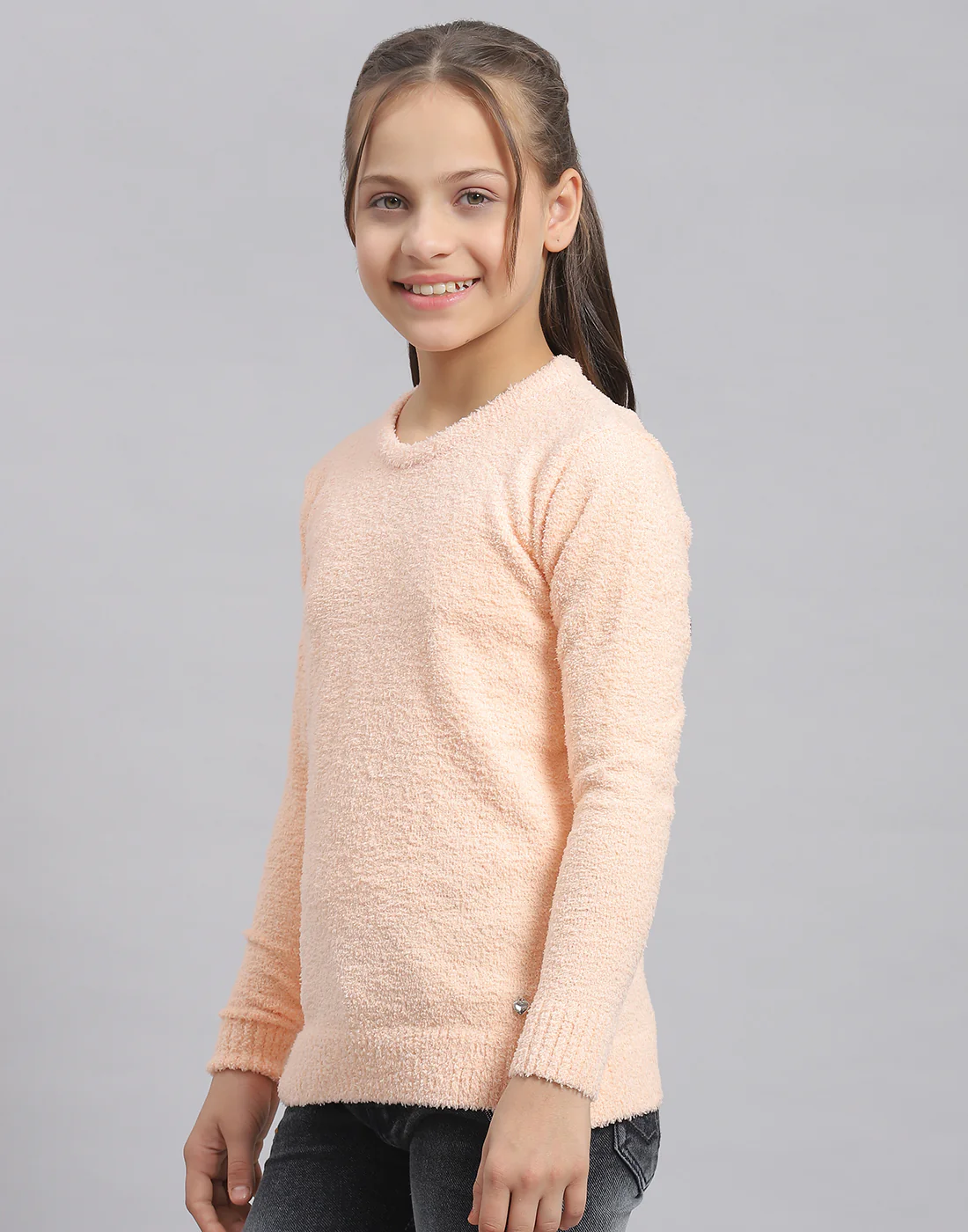 Girls Peach Solid Round Neck Full Sleeve Sweater - Image 3