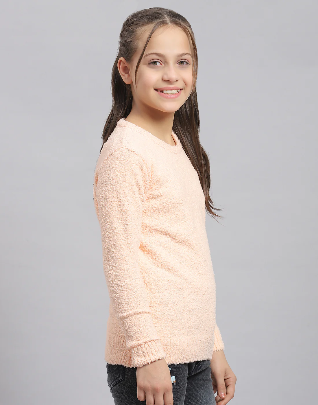 Girls Peach Solid Round Neck Full Sleeve Sweater - Image 4