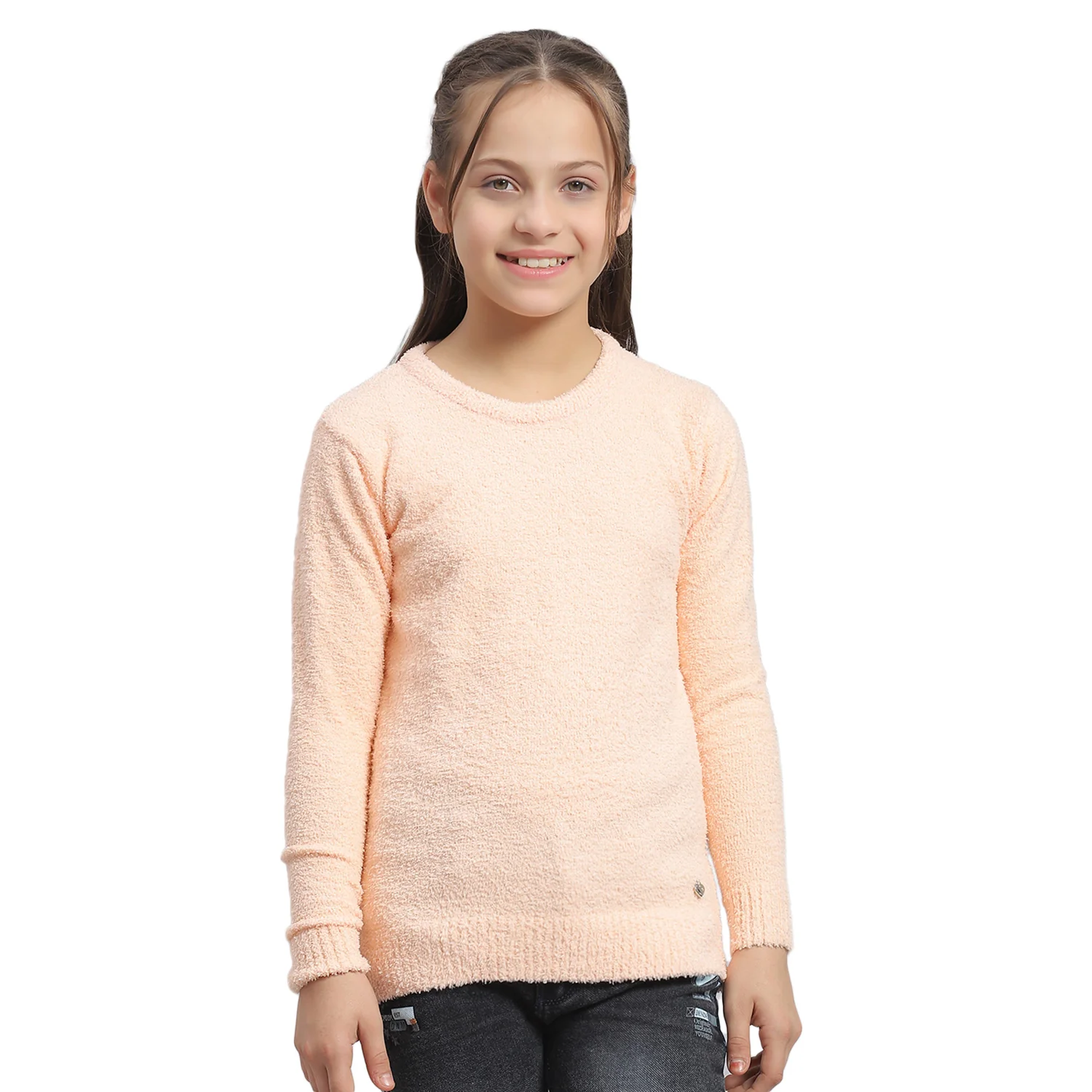 Girls Peach Solid Round Neck Full Sleeve Sweater - Image 5