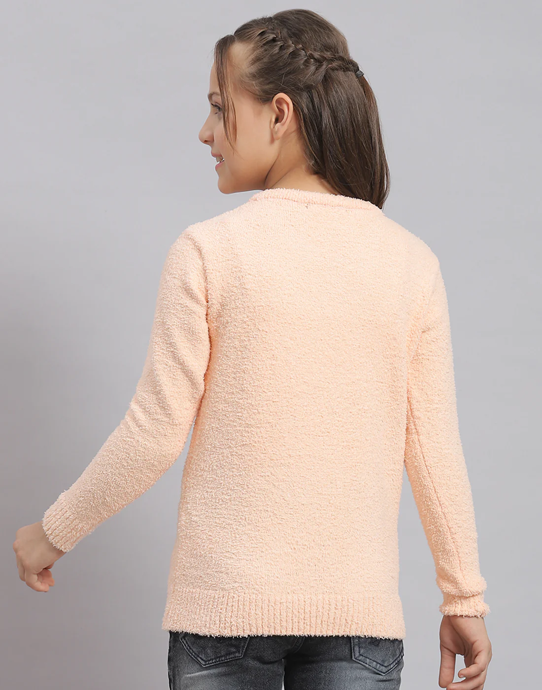 Girls Peach Solid Round Neck Full Sleeve Sweater - Image 6