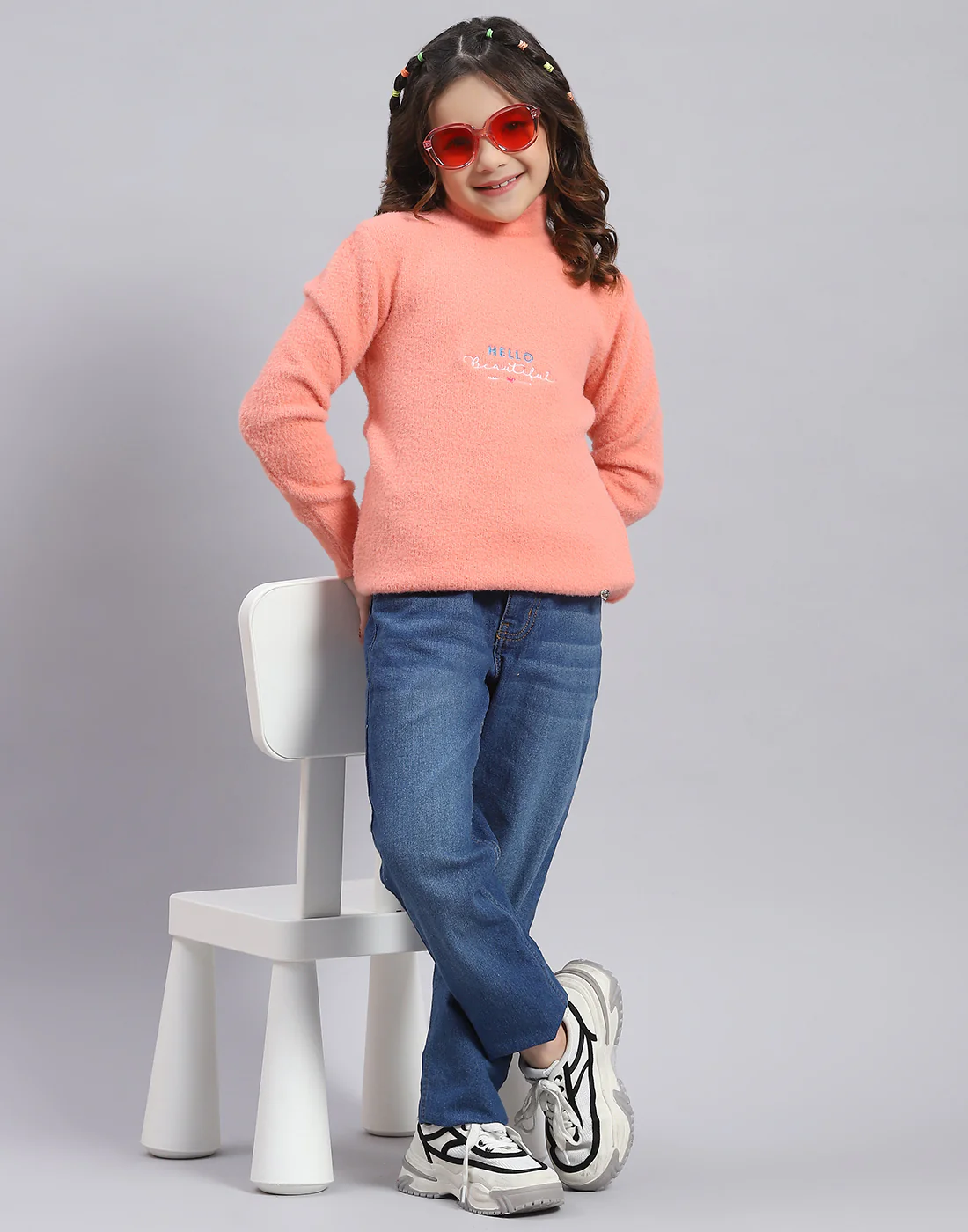 Girls Peach Solid T Neck Full Sleeve Sweater - Image 2