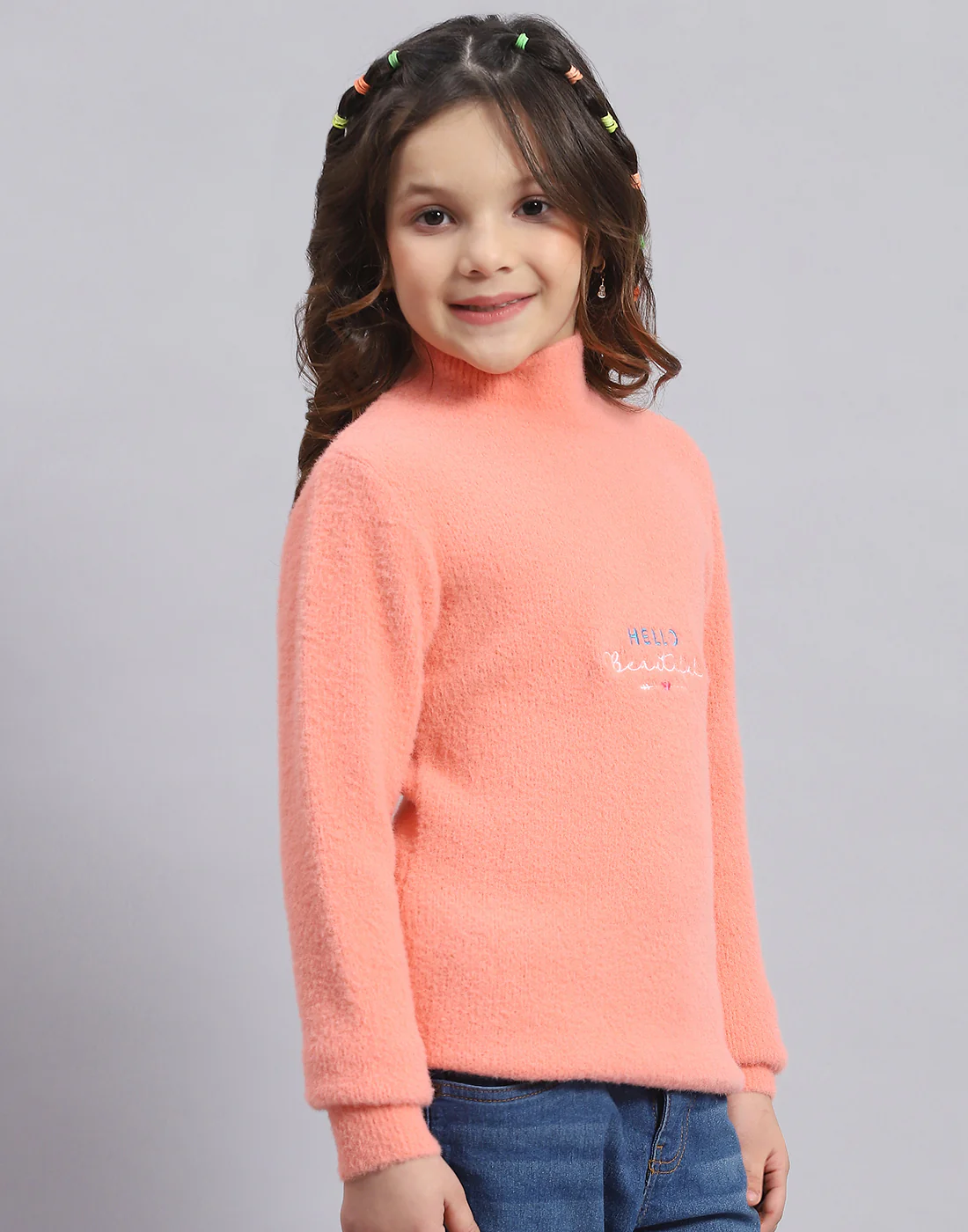 Girls Peach Solid T Neck Full Sleeve Sweater - Image 4