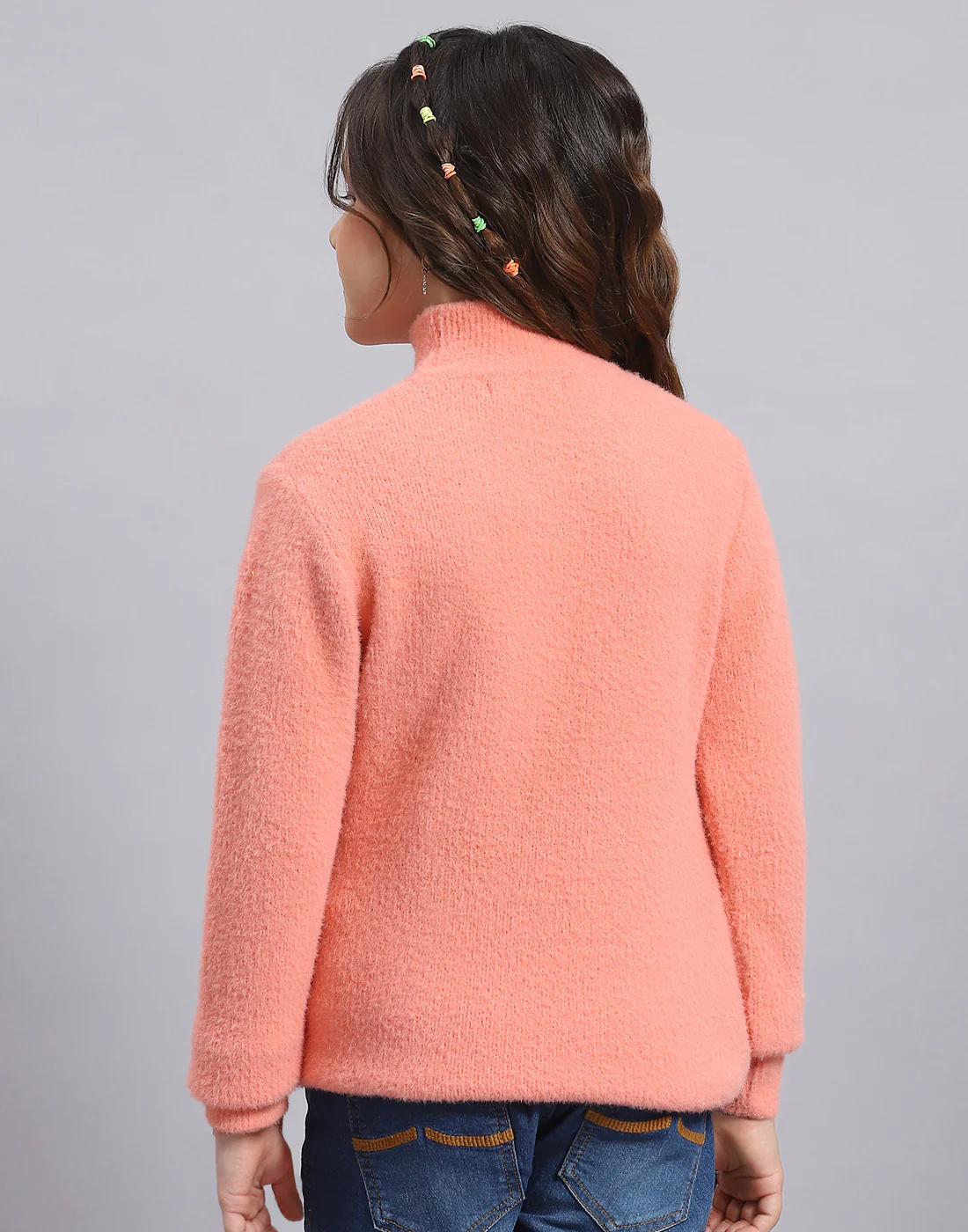 Girls Peach Solid T Neck Full Sleeve Sweater - Image 5