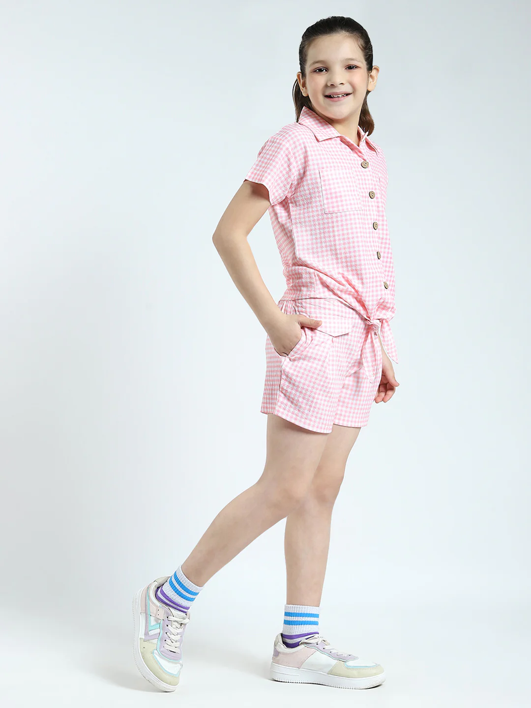 Girls Pink Check Collar Half Sleeve Cords Set - Image 4