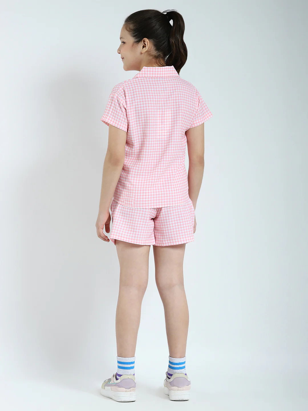 Girls Pink Check Collar Half Sleeve Cords Set - Image 5
