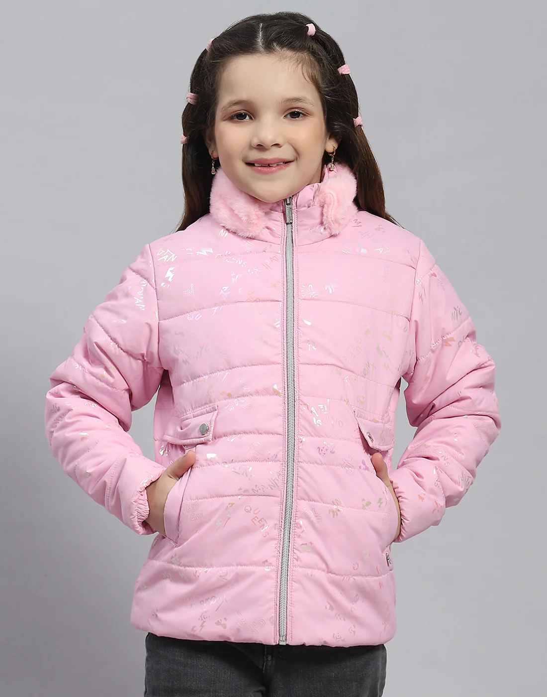 Girls Pink Check Stand Collar Full Sleeve Girls Jacket - Image 2