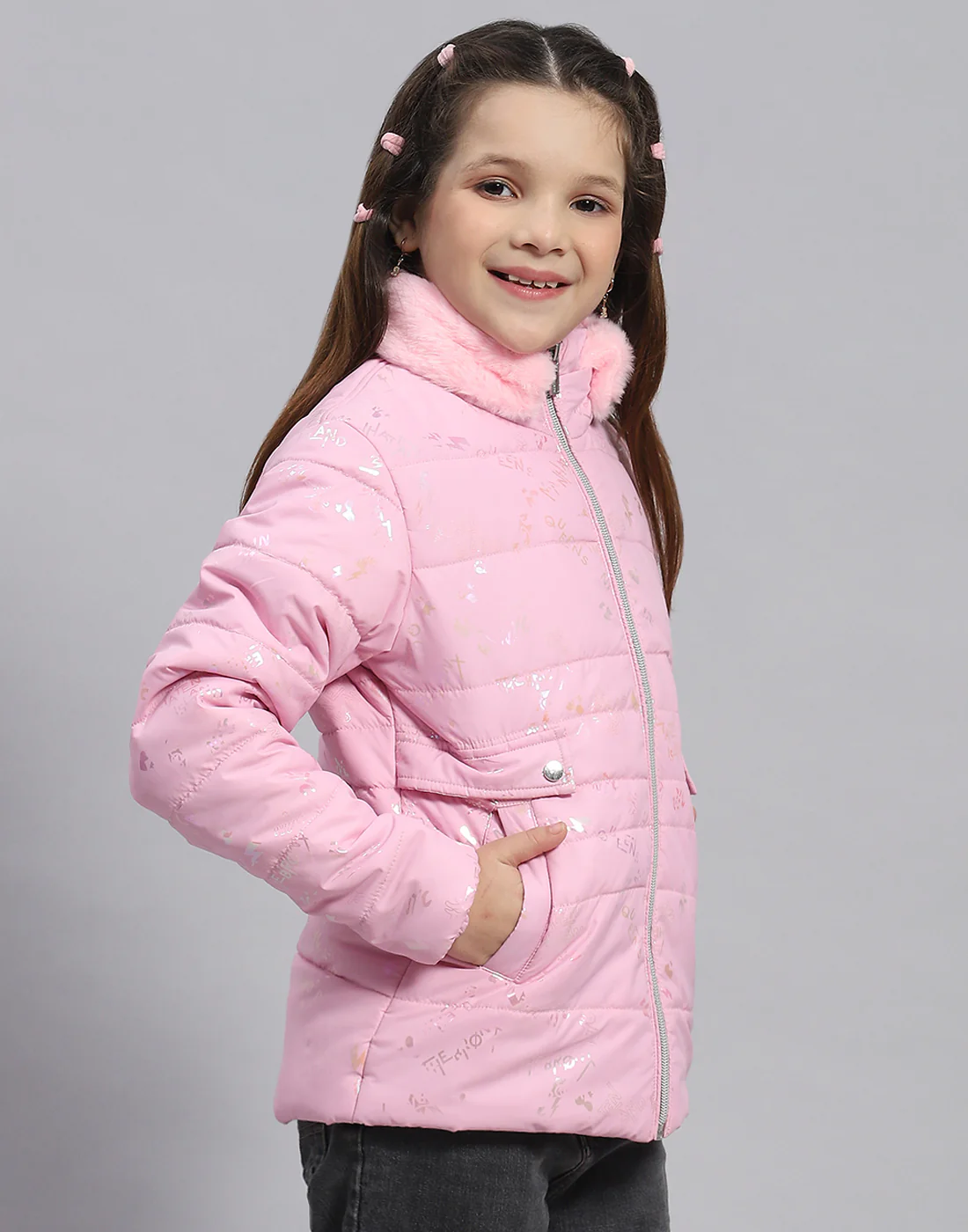 Girls Pink Check Stand Collar Full Sleeve Girls Jacket - Image 4