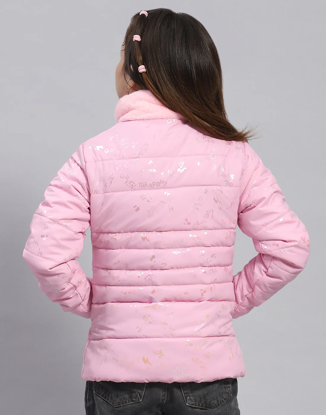 Girls Pink Check Stand Collar Full Sleeve Girls Jacket - Image 5