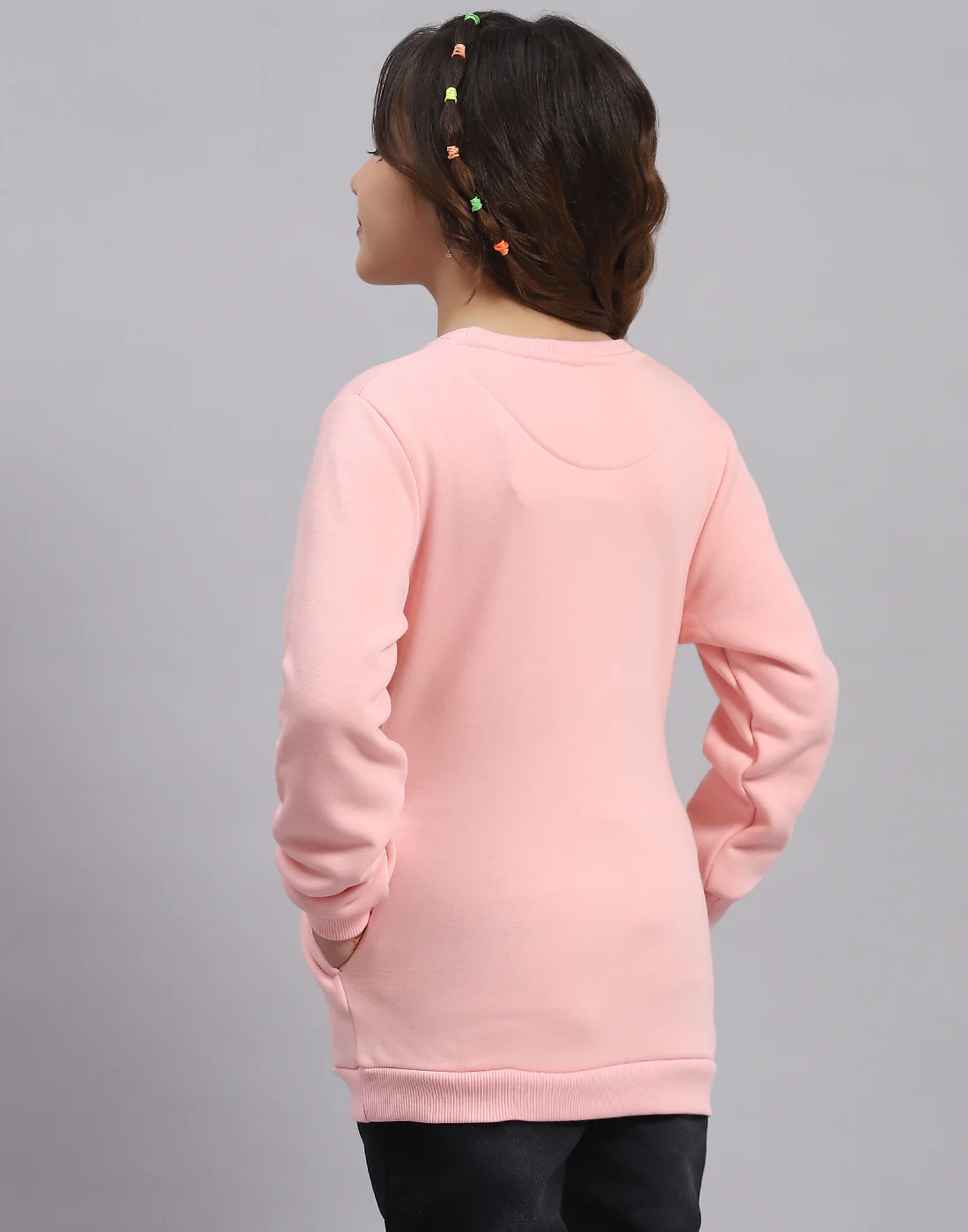 Girls Pink Embellished Round Neck Full Sleeve Sweatshirt - Image 5