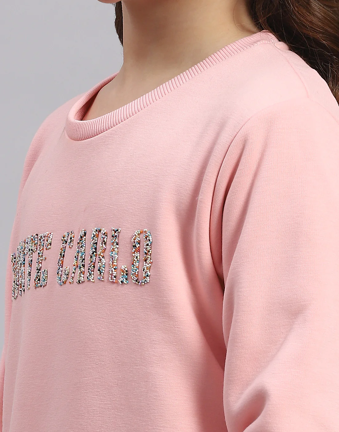 Girls Pink Embellished Round Neck Full Sleeve Sweatshirt - Image 6