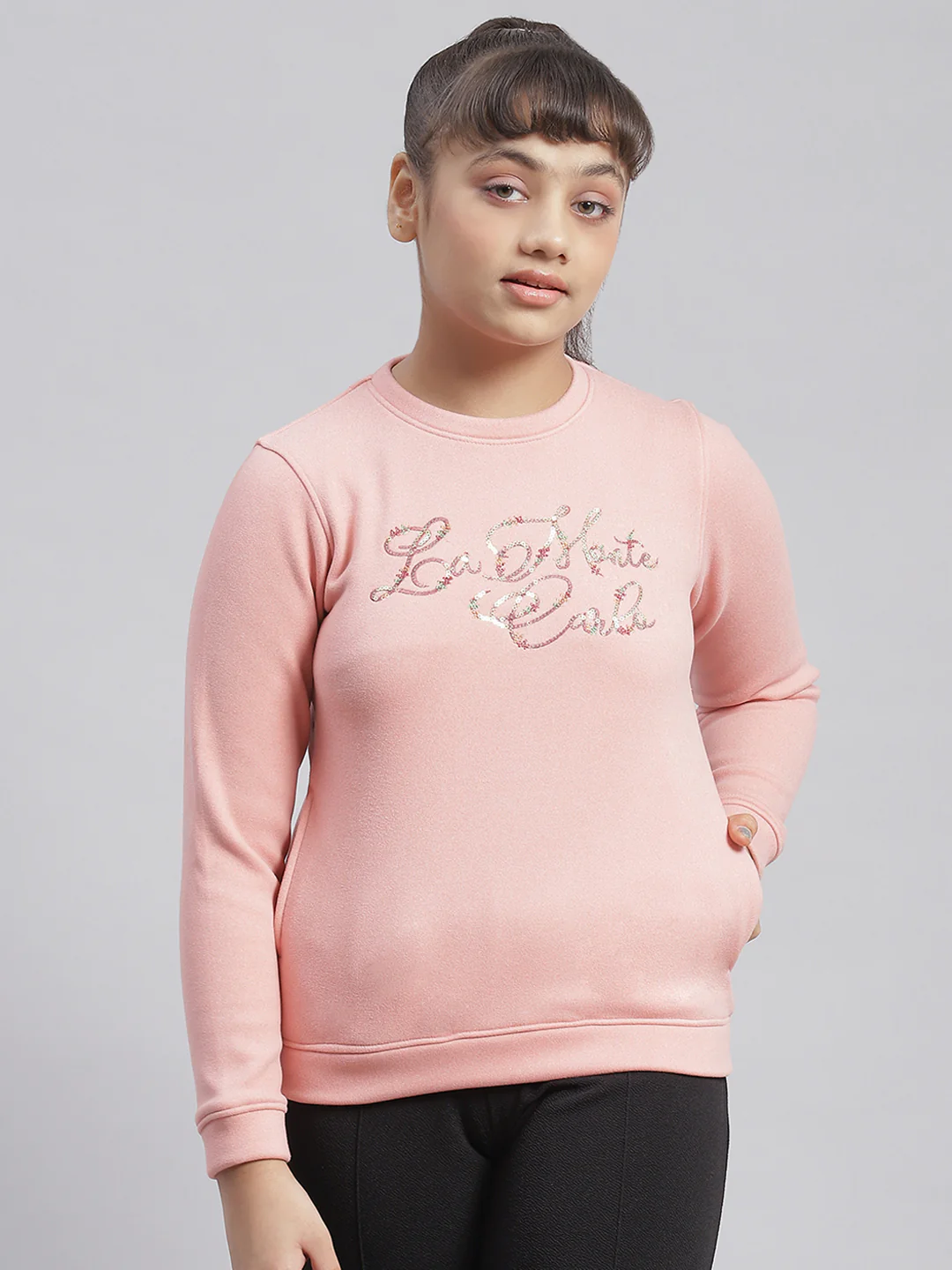 Girls Pink Embellished Round Neck Full Sleeve Sweatshirt - Image 3