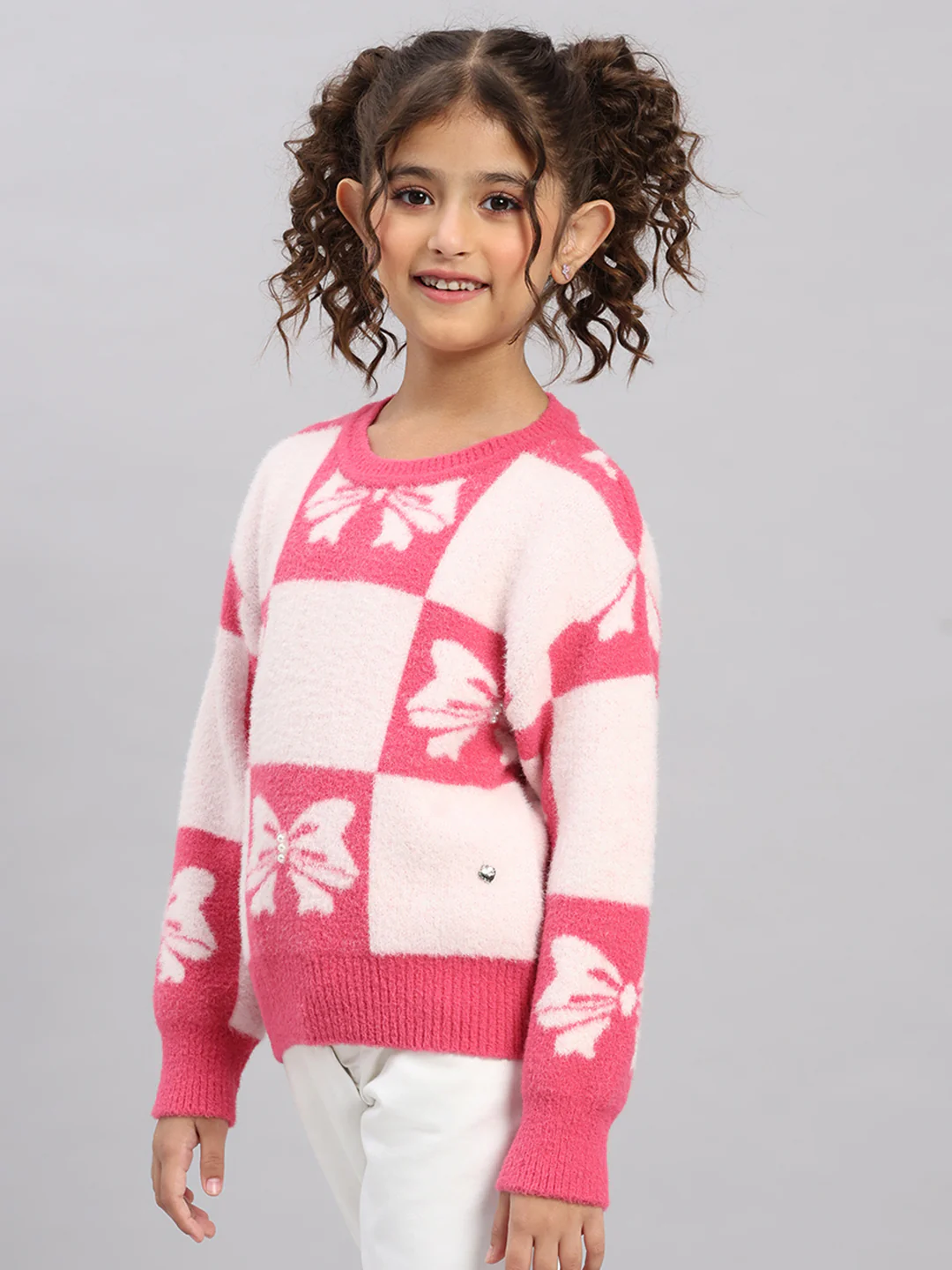 Girls Pink Embroidered Round Neck Full Sleeve Pullover - Image 3