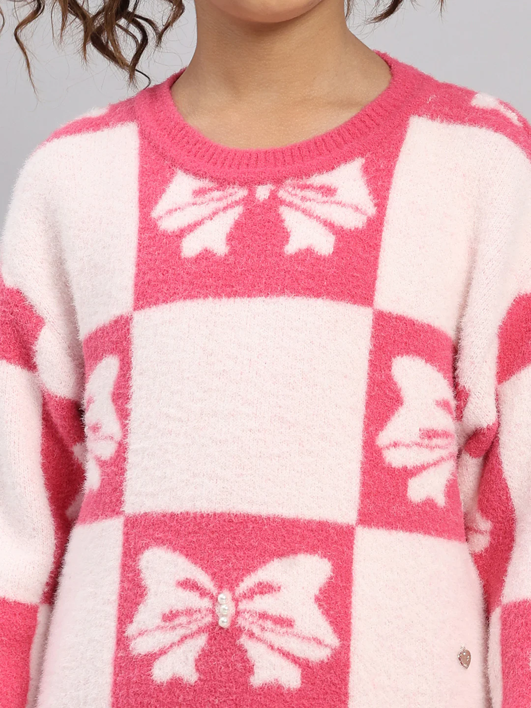 Girls Pink Embroidered Round Neck Full Sleeve Pullover - Image 6