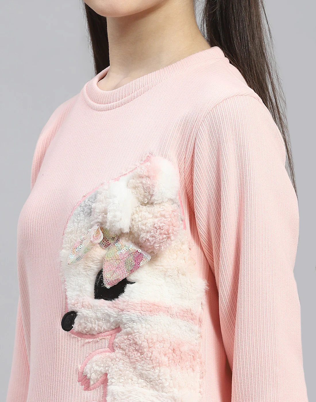 Girls Pink Embroidered Round Neck Full Sleeve Sweatshirt - Image 6