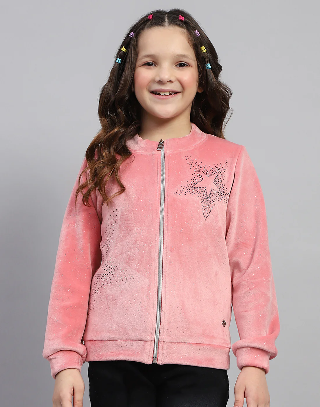 Girls Pink Embroidered Round Neck Full Sleeve Sweatshirt - Image 2