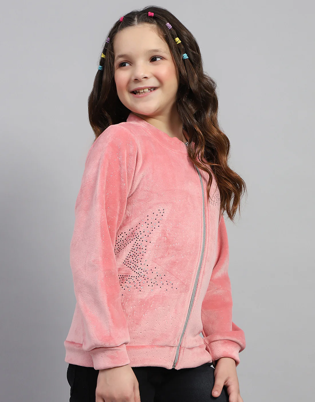Girls Pink Embroidered Round Neck Full Sleeve Sweatshirt - Image 4