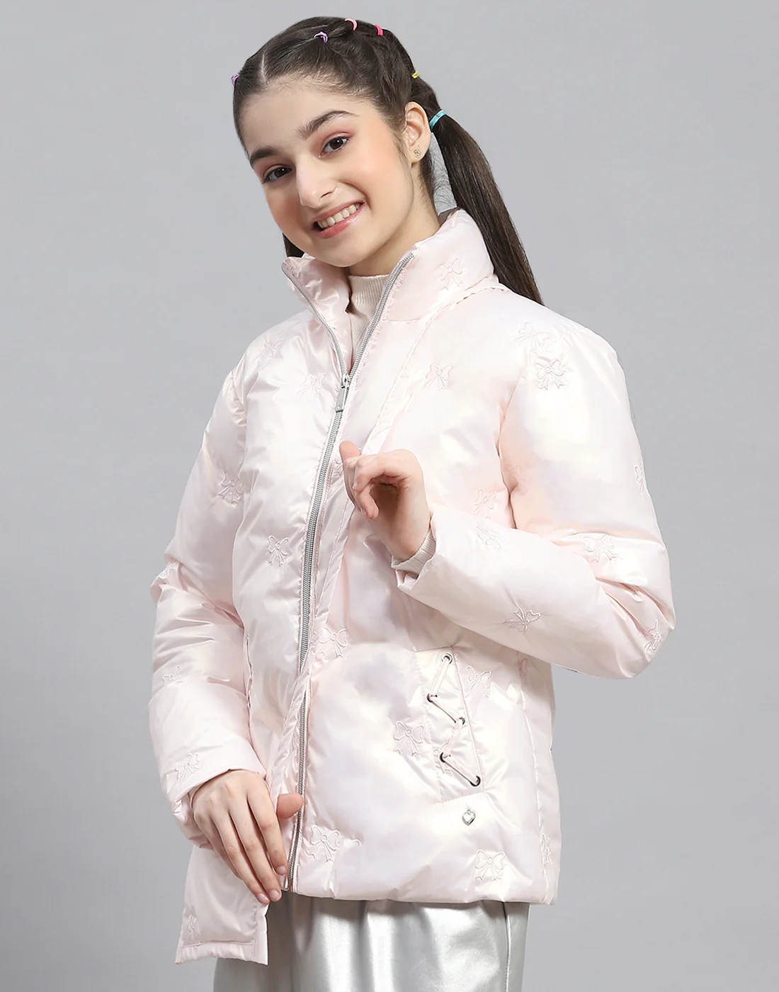 Girls Pink Embroidered Stand Collar Full Sleeve Girls Jacket - Image 3