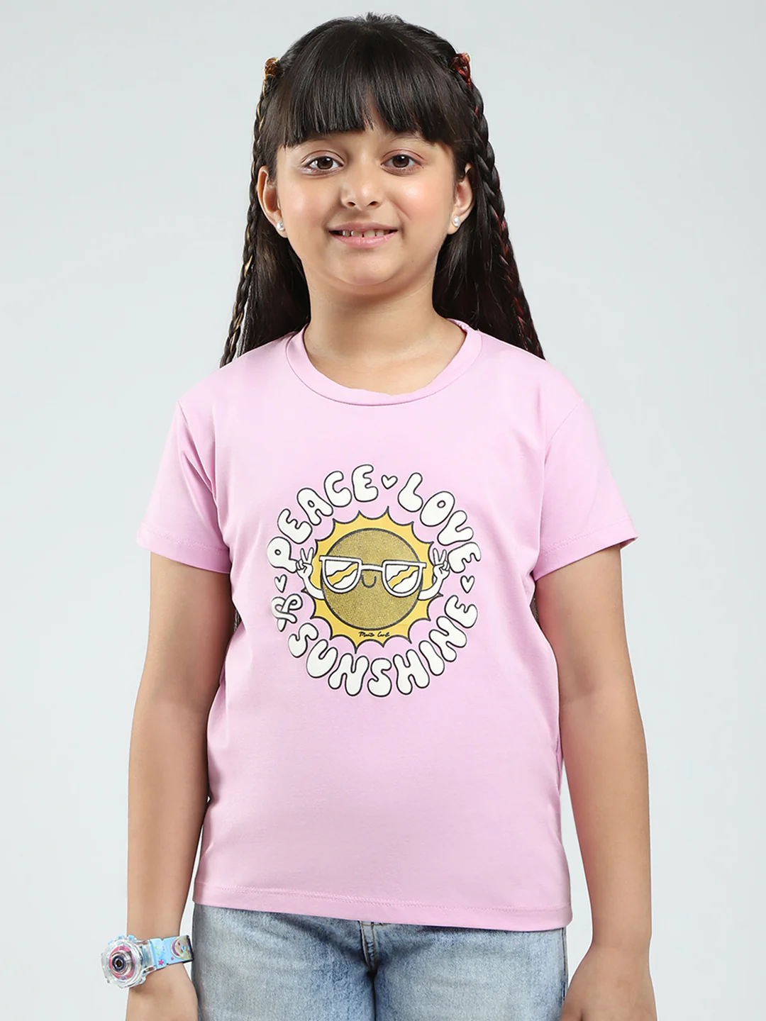 Girls Pink & Peach Printed Round Neck Half Sleeve Top 2Pc Set - Image 7
