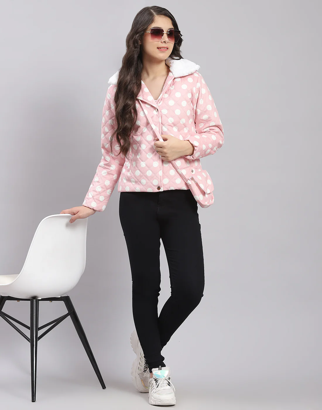 Girls Pink Polka Dots Lapel Collar Full Sleeve Girls Jacket - Image 2