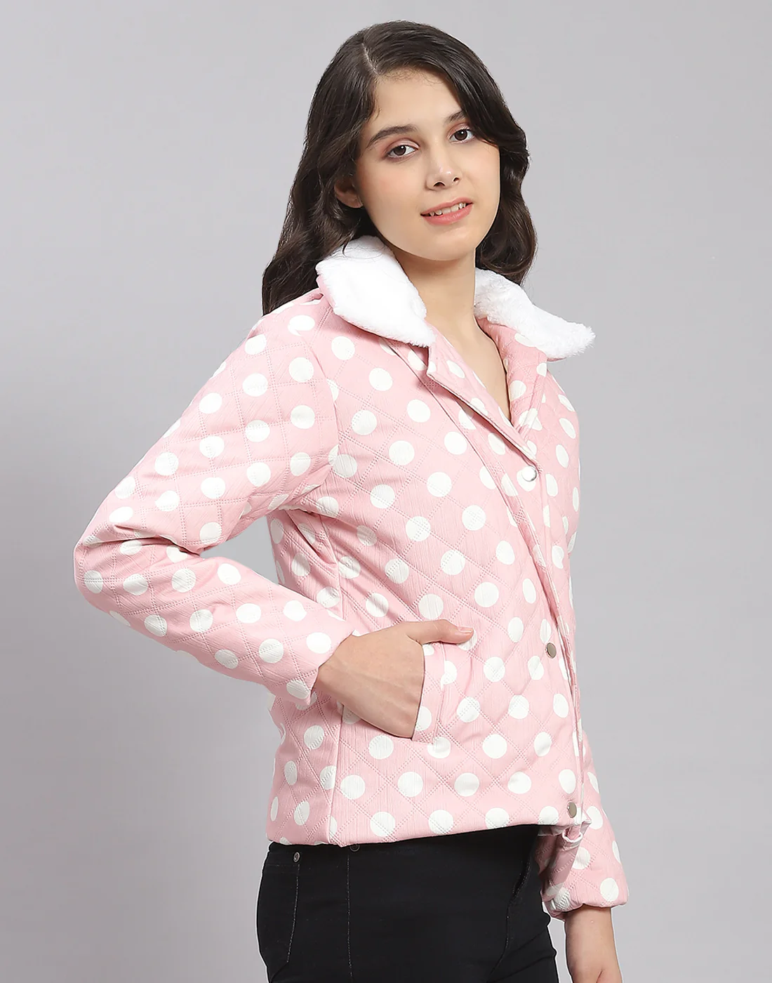 Girls Pink Polka Dots Lapel Collar Full Sleeve Girls Jacket - Image 5