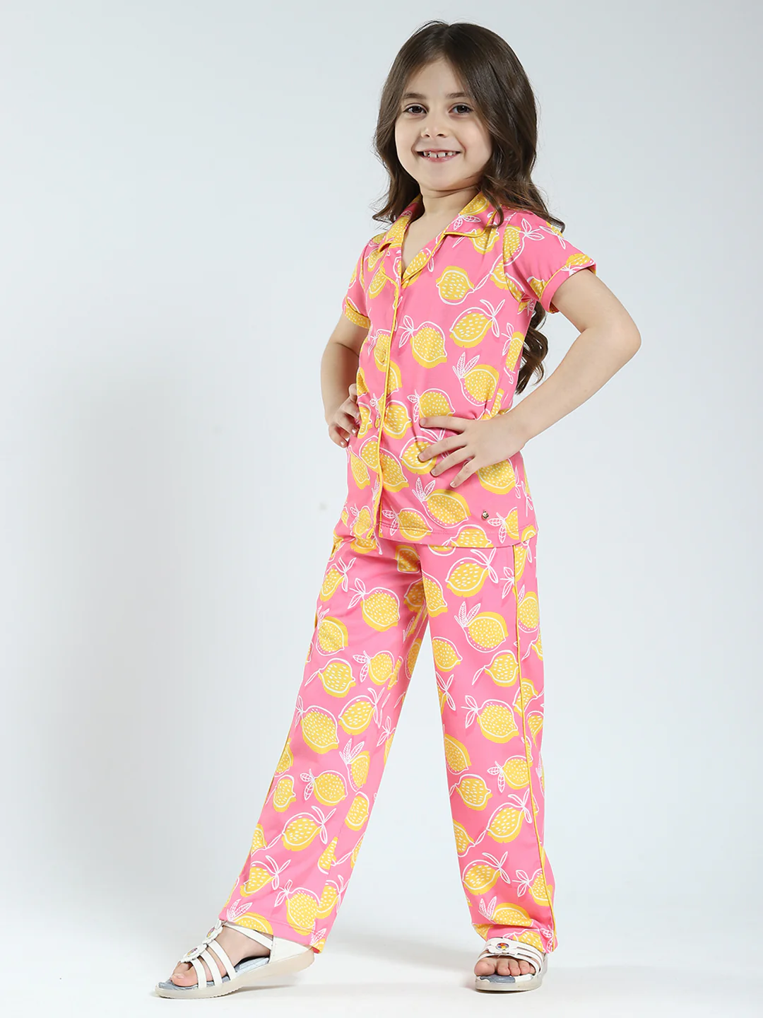 Girls Pink Printed Collar Half Sleeve Lower Set - Image 3