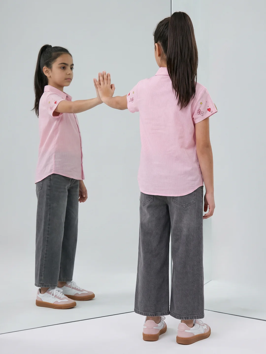 Girls Pink Printed Collar Half Sleeve Top - Image 5