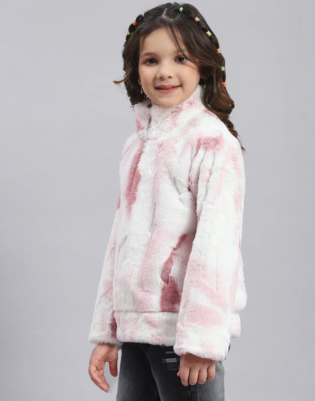 Girls Pink Printed H Neck Full Sleeve Sweatshirt - Image 3