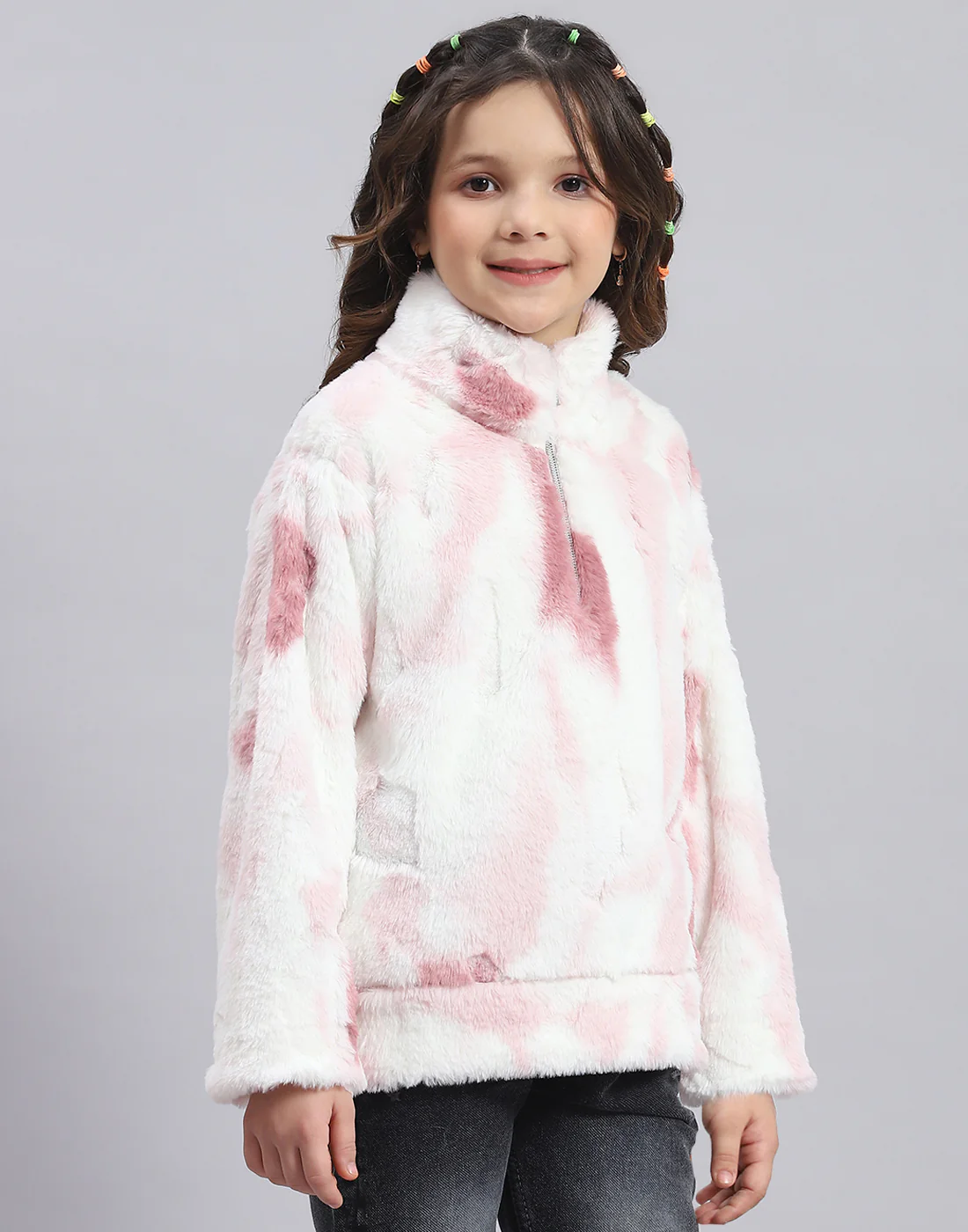 Girls Pink Printed H Neck Full Sleeve Sweatshirt - Image 4