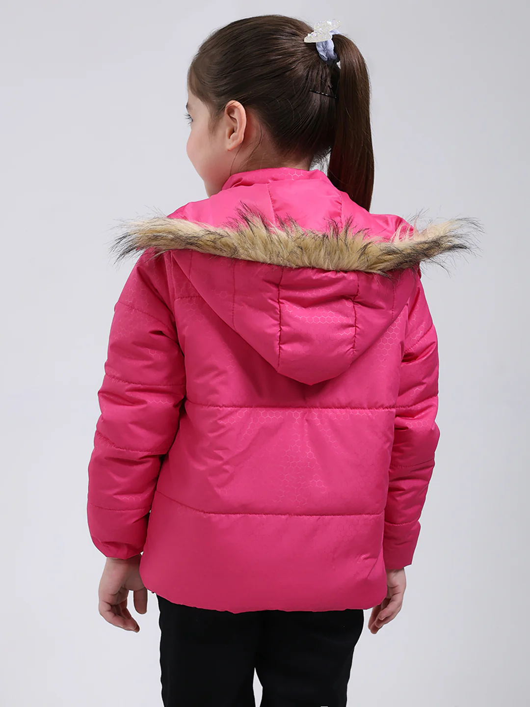 Girls Pink Printed Hooded Full Sleeve Jacket - Image 5