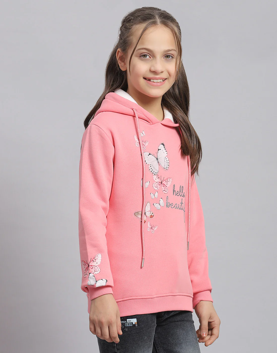 Girls Pink Printed Hooded Full Sleeve Sweatshirt - Image 4