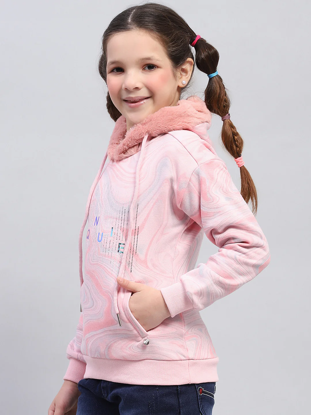 Girls Pink Printed Hooded Full Sleeve Sweatshirt - Image 3