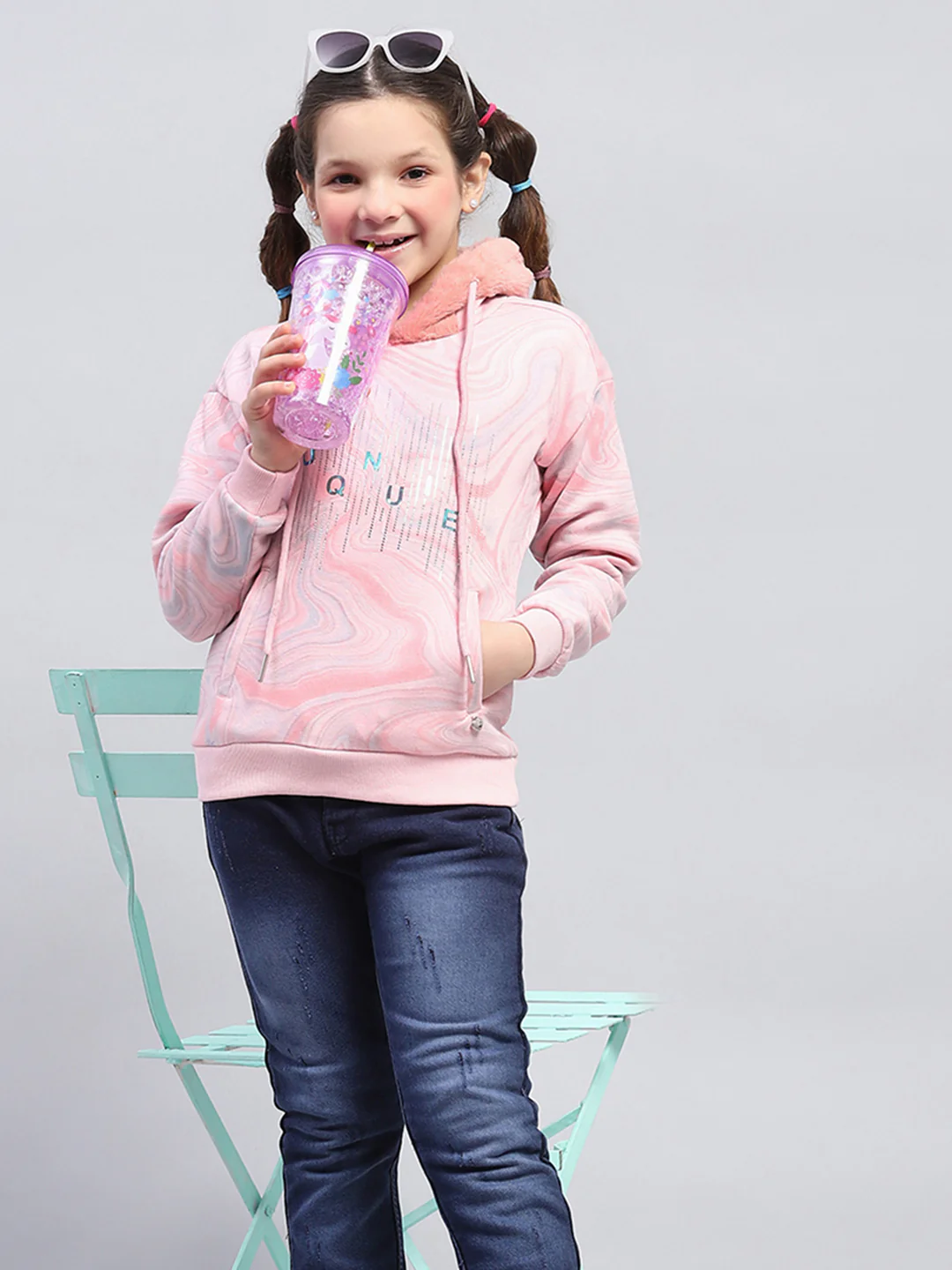 Girls Pink Printed Hooded Full Sleeve Sweatshirt - Image 6